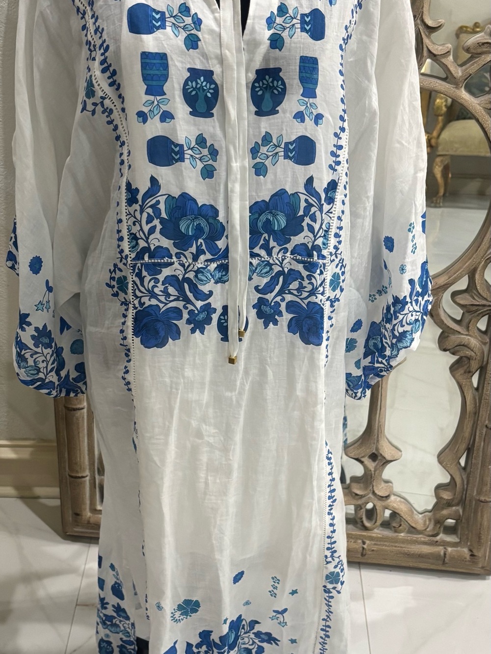 Jade White Long Sleeve Maxi Dress with Blue Floral Print